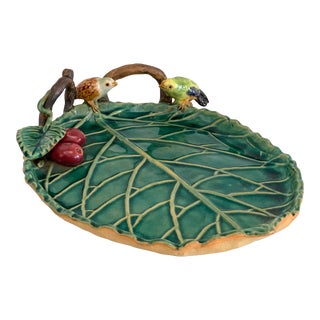Vintage Majolica Serving Tray Birds & Leaves For Sale