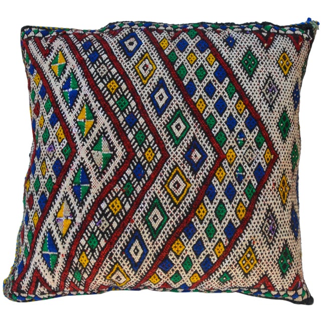 Antique handwoven wool pillow by the Berbers of the High Atlas Mountains of Morocco. Finely-woven tribal chevron pattern...
