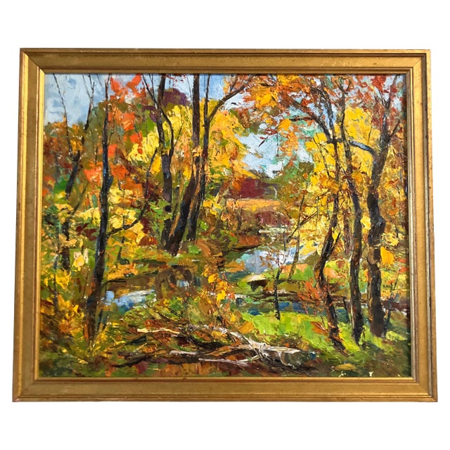 1960’s Vintage Impressionist Fall Landscape With Trees & Stream Painting Wood Frame For Sale