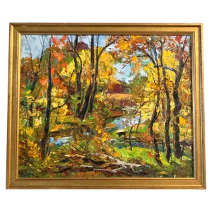 1960’s Vintage Impressionist Fall Landscape With Trees & Stream Painting Wood Frame