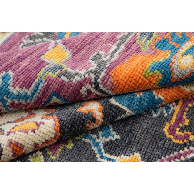 Modern Oushak Handmade Allover Floral Grey and Purple Wool Rug For Sale - Image 10 of 13