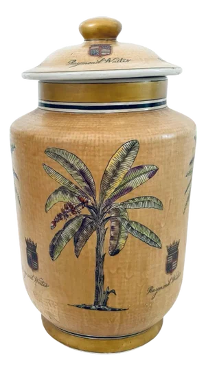 Vintage Raymond Waites Tan Ginger Jar With Palms and Crest