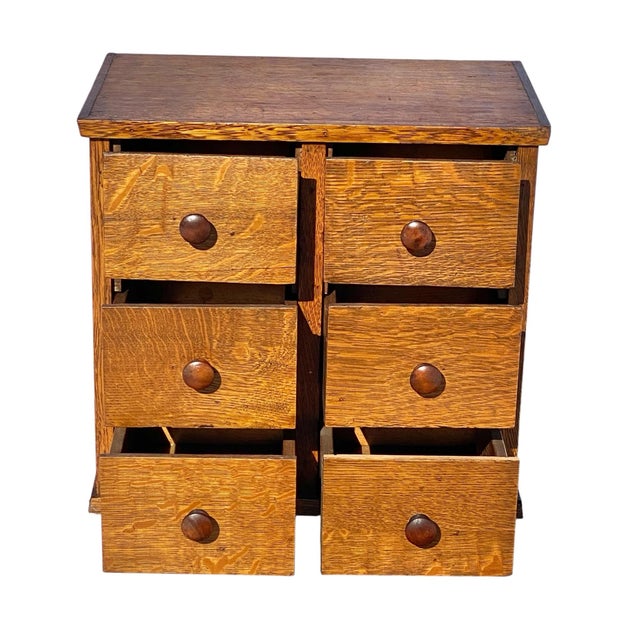 Early 20th Century Antique 6 Drawer Tiger Oak Desktop File Cabinet / Card Catalog Cabinet For Sale - Image 5 of 11