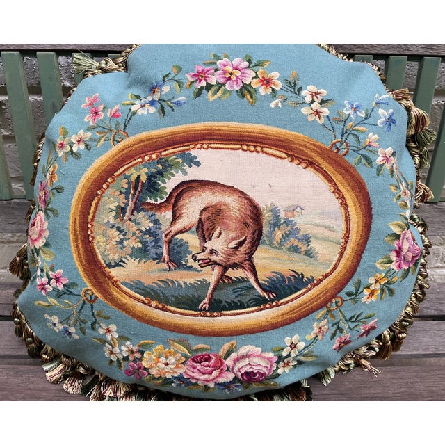 French Large Wool & Silk Tapestry Pillow – Les Fables De La Fontaine For Sale - Image 3 of 9