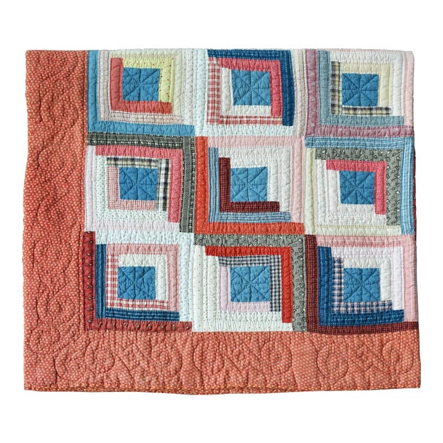 Early 20th Century Hand-Stitched Log Cabin Quilt in Patriotic Colors For Sale