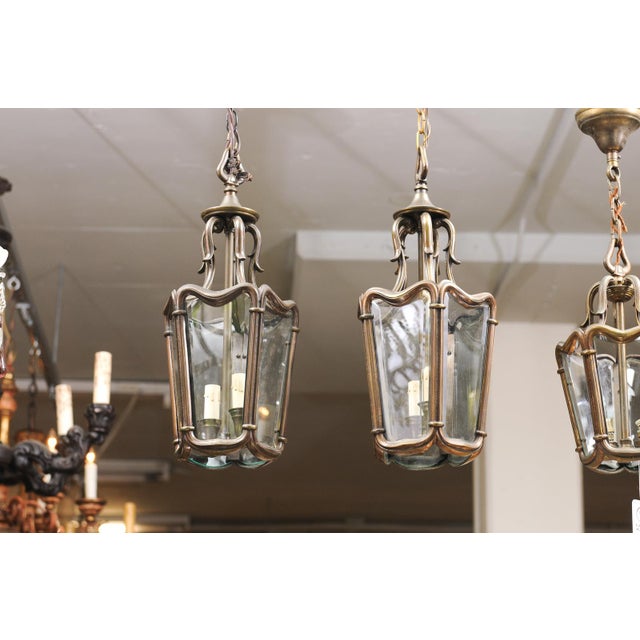 Art Nouveau 1940s Patinated Bronze Lanterns With Beveled Glass, France - a Pair For Sale - Image 3 of 12