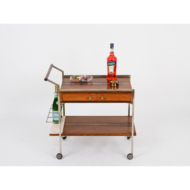 Serving Bar Cart with Drawers in Rosewood and Chrome by George Coslin, Italy, 1950s For Sale - Image 4 of 15