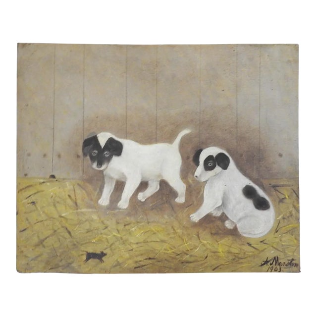 1903 Folk Art Puppy Dogs and Mouse Painting For Sale