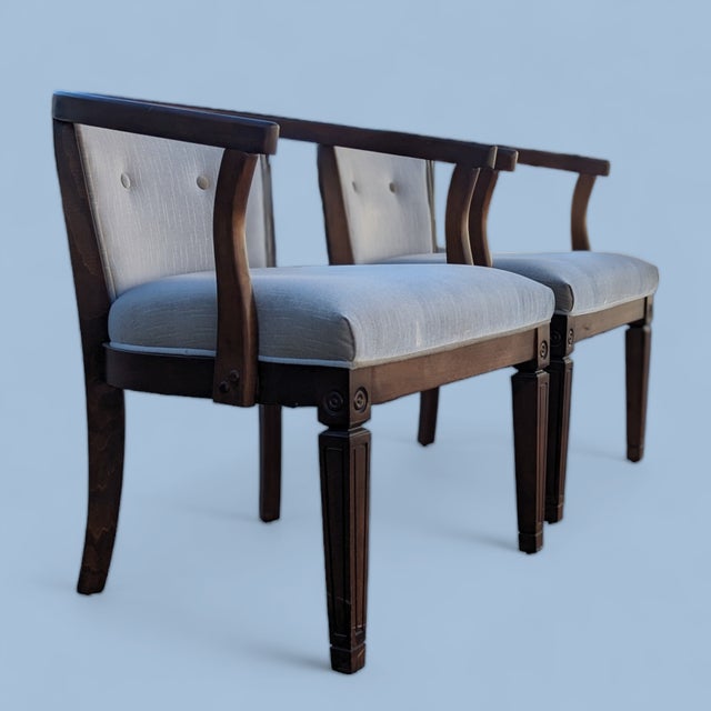 Pair of Vintage Curved Wood and Upholstered Barrel Armchairs For Sale - Image 9 of 14