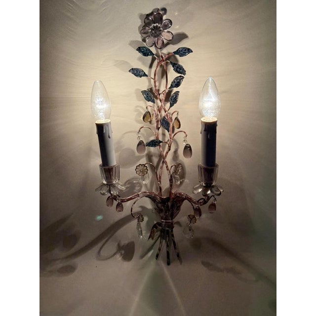 Wall Lights with Crystal Glass Flowers and Marbled Metal attributed to Maison Baguès, 1950s, Set of 2 For Sale - Image 14 of 15