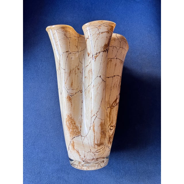 This JOZEFINA KROSNO Handkerchief vase is a large, asymmetrical art glass piece with a marbled brown color and a glossy...