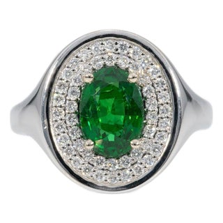 2Ct Tsavorite Garnet Ring With Natural Diamond Accents: Solid 14k Gold, 9x6.5mm, Size 6.75 For Sale