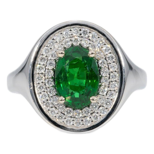 2Ct Tsavorite Garnet Ring With Natural Diamond Accents: Solid 14k Gold, 9x6.5mm, Size 6.75 For Sale