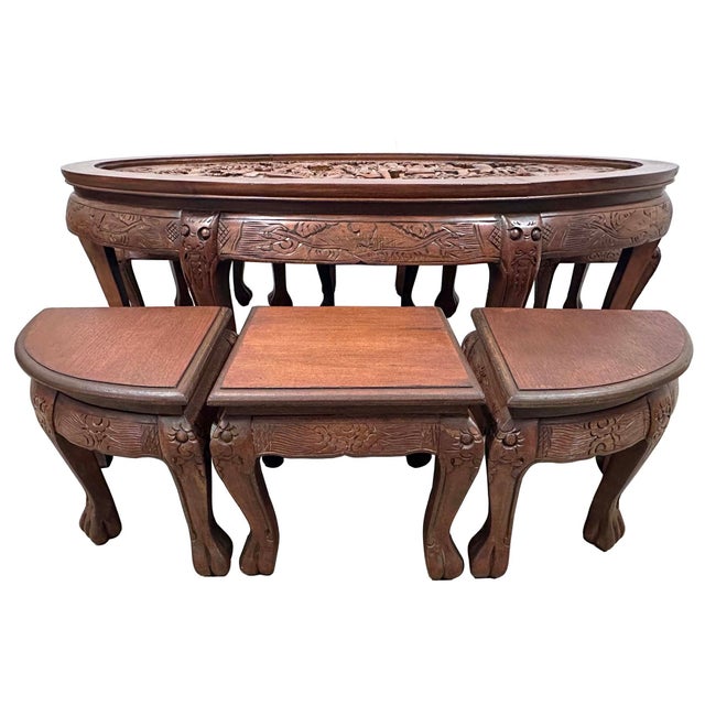 Mid-20th Century Chinese Massive Oval Carved Coffee Table With 6 Nesting Stools For Sale - Image 11 of 12