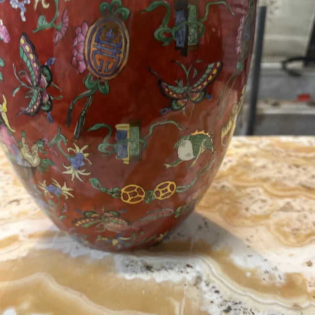 Ceramic Vintage Ceramic Asian Red Detailed Vase With Floral Accents For Sale - Image 7 of 8