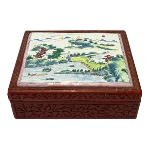Vintage Chinese Red Resin Lacquer Rectangular Floral Carving Accent Box