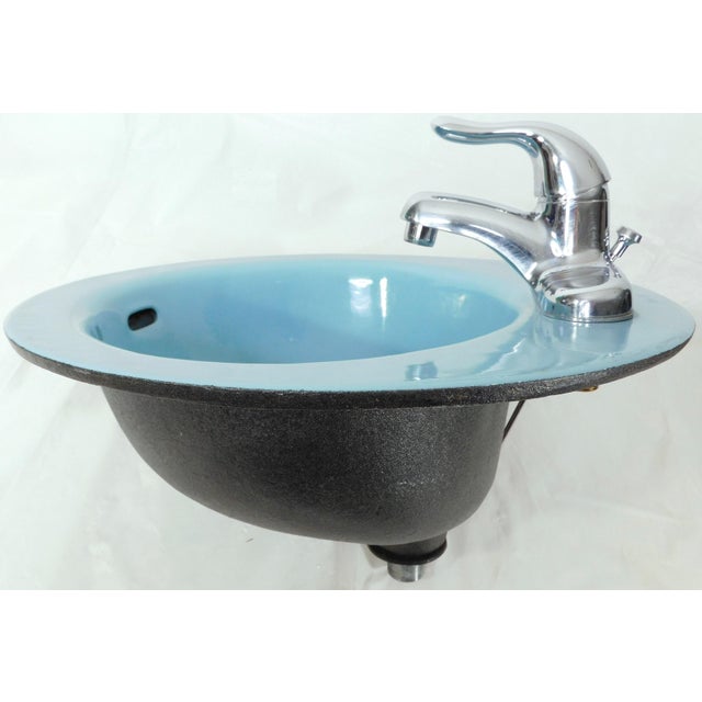 1964 Vintage Rheem Regency Blue Drop-in Porcelain & Cast Iron Sink With Hudee Ring For Sale - Image 9 of 17