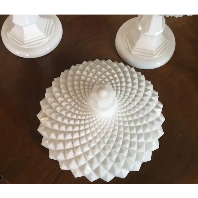 Vintage Milk Glass Covered Centerpiece Bowl with Saw Tooth Design - a Pair For Sale - Image 9 of 12