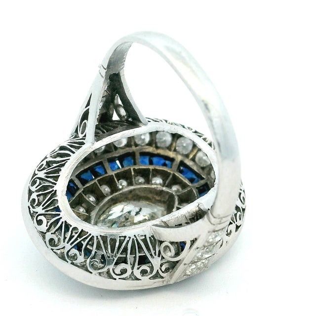 Art Deco Platinum Diamond and Calibré Sapphire Navette Ring, Circa 1920, Size 6 For Sale - Image 9 of 12