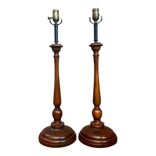 Vintage Theodore Alexander Turned Wood Candlestick Table Lamps - A Pair For Sale