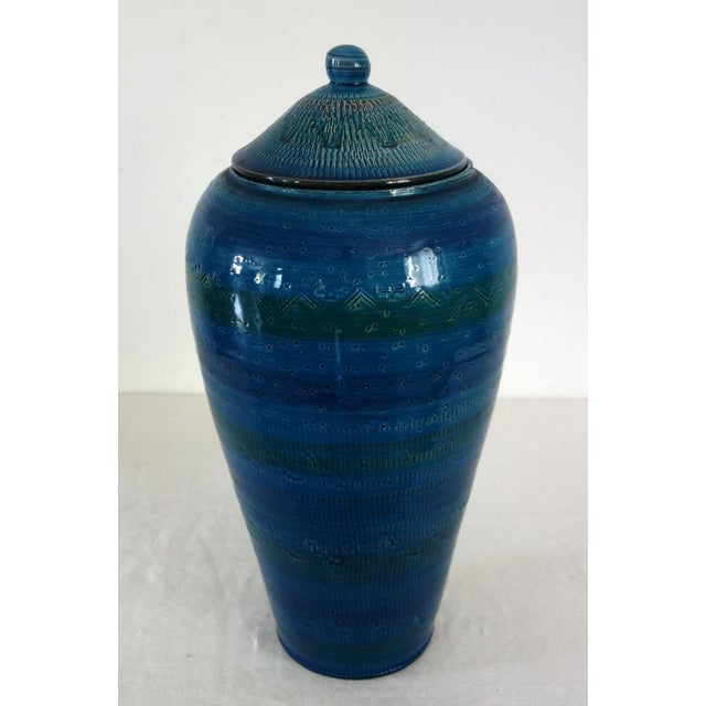Large lidded vase in blue and green glazed earthenware, in the style of Italian Bitossi pieces produced under the...
