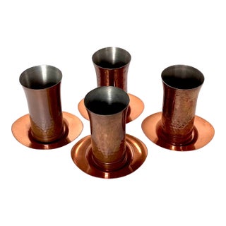 Vintage Copper Plated Tin Cups W/ Saucers, Set of 4 For Sale
