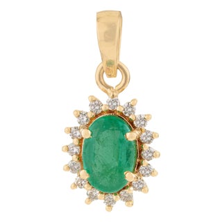Vintage Inspired Emerald & Diamond Halo Sunburst Pendant in 14k Yellow Gold For Sale