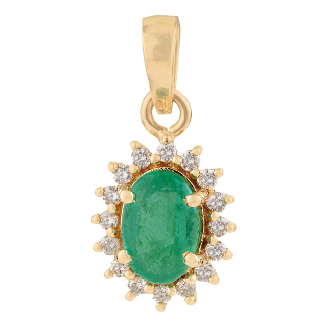 Vintage Inspired Emerald & Diamond Halo Sunburst Pendant in 14k Yellow Gold For Sale