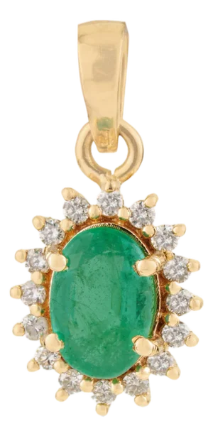 Vintage Inspired Emerald & Diamond Halo Sunburst Pendant in 14k Yellow Gold