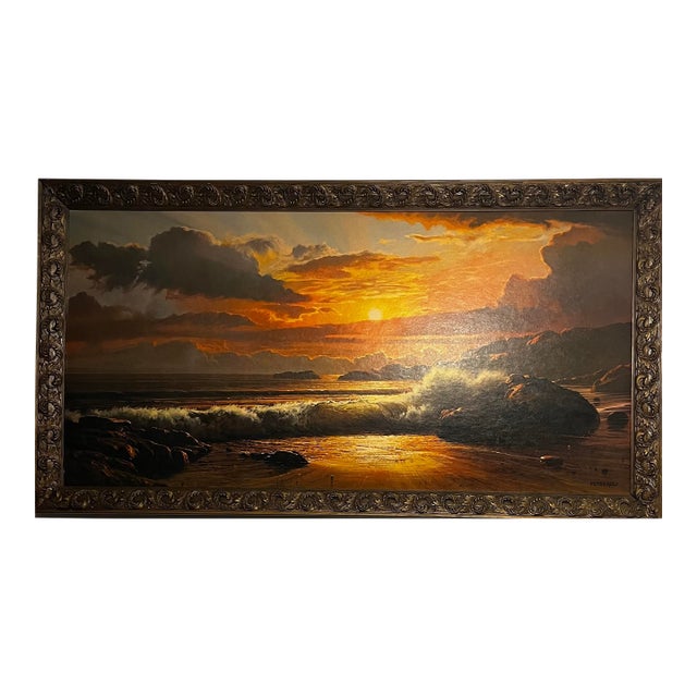 Late 18th Century Sunset Splendor by James A. Fetherolf | Large Textured Print on Board | 47×23 in Framed Landscape Art | Excellent Condition For Sale