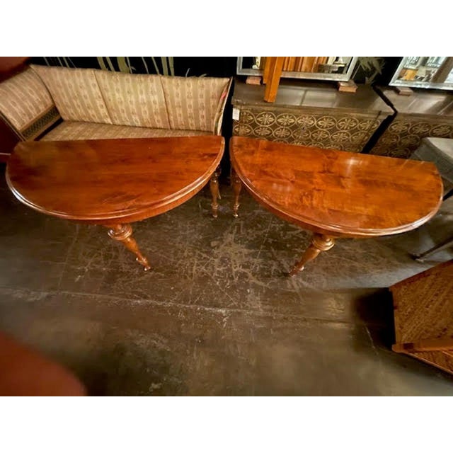 Wood Pair of 19th C. Continental Walnut Demi-Lune Consoles For Sale - Image 7 of 8