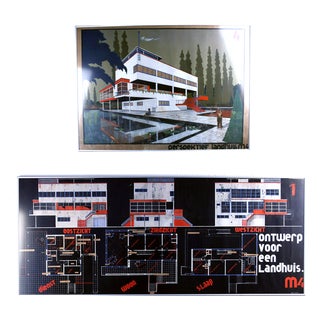 Marcel Seger, Bauhaus Villa Project Blue Print and Perspective, 1932, Charcoal & Pastel & Paper, Framed For Sale