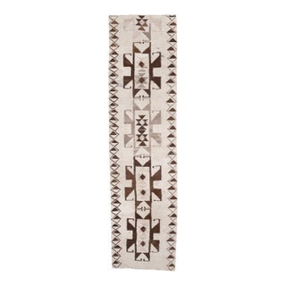 1970s Vintage Handmade Wool Cotton Beige Brown Runner Rug For Sale