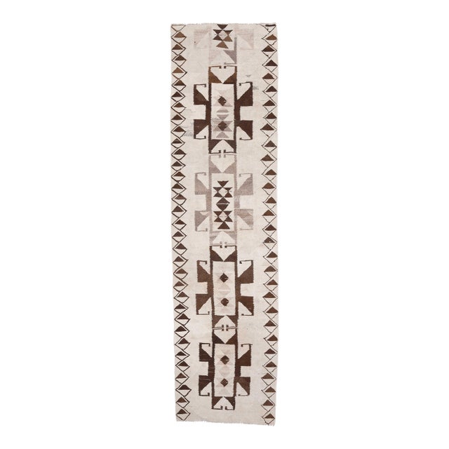 1970s Vintage Handmade Wool Cotton Beige Brown Runner Rug For Sale