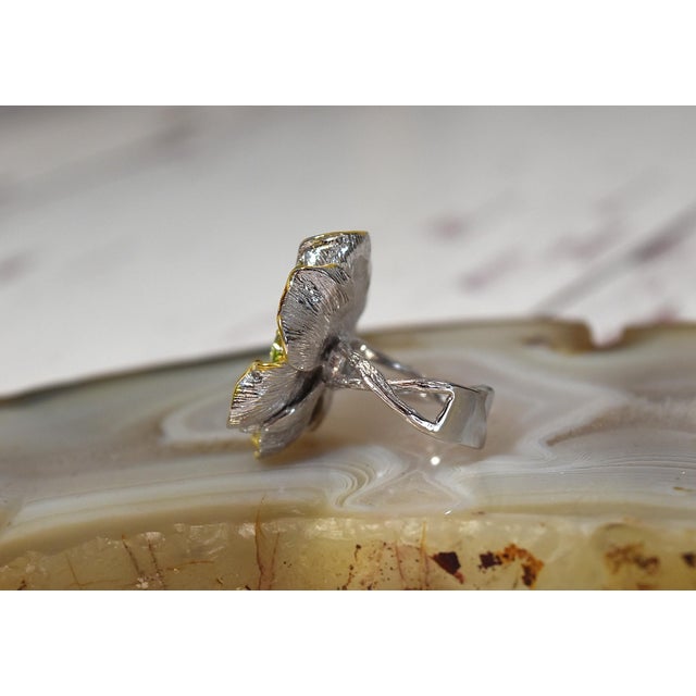 Lime Artisan Peridot Citrine Flower Adjustable Ring Sterling Silver, Size 7.25 For Sale - Image 8 of 15