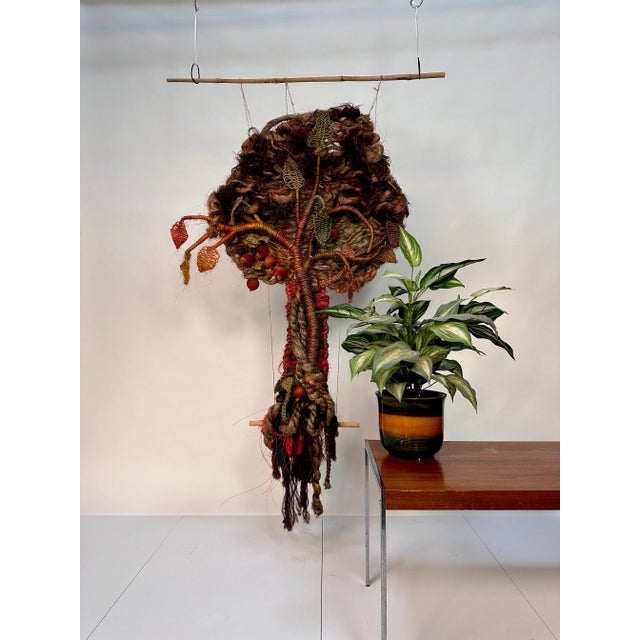 Modern Large Hand-Woven Apple Tree Macramé Art Wall Hanging in Coconut Fibers with Pinewood Details, West-Germany, 1970s For Sale - Image 3 of 18