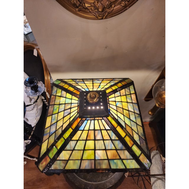 1970s Unique Mission Style Stained Glass Lamp With Pyramid Shade For Sale - Image 4 of 4
