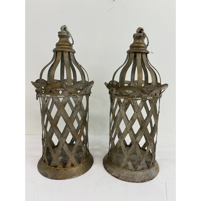 French Country Pair of Distressed Metal Lanterns For Sale - Image 3 of 9
