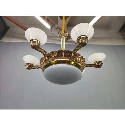 1930s Art Deco Brass Chandelier with Glass Shades, Czechoslovakia, 1930s For Sale - Image 5 of 17