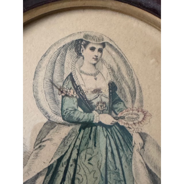 Pair of Vintage Framed French Historical Costume Prints After Hippolyte Paquet Carved Oval Wood Frames European Fashion Illustrations For Sale - Image 9 of 12