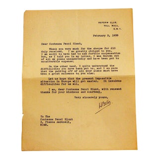 Letter from Hilaire Belloc to the Countess Pecci Blunt, 1938 For Sale