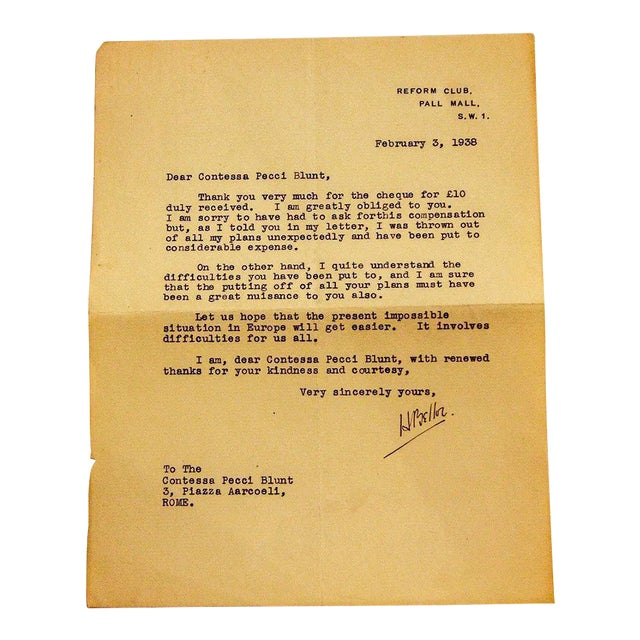 Letter from Hilaire Belloc to the Countess Pecci Blunt, 1938 For Sale