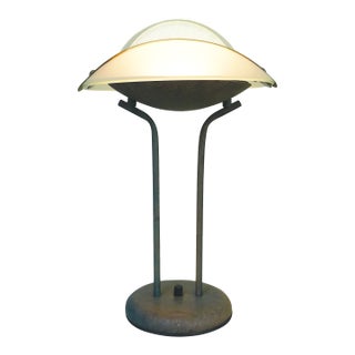 Memphis Ufo Flying Saucer Glass Deco Revival Halogen Verdigris Table Lamp 1980's For Sale