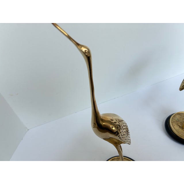 Mid Century Modern Large Brass Crane Figures on Wood Base - A Pair For Sale - Image 6 of 12