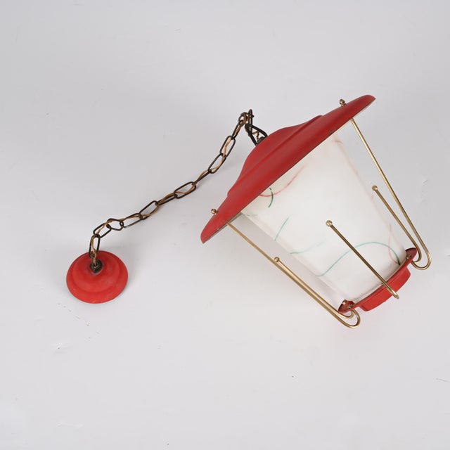 Mid-Century Italian Round Opaline Glass and Brass Red Lantern Chandelier, 1950s For Sale - Image 14 of 18