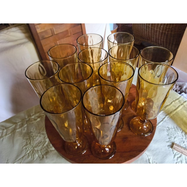 American Vintage Mid-Century Amber Glass Water Pitcher & Tall Stemmed Goblets Rare 13-Piece Set For Sale - Image 3 of 6