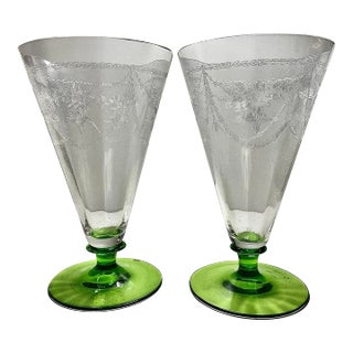 Early 20th Century Crystal Needle Etch Green Footed Tumblers- Set of 2 For Sale