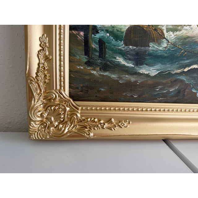 Signed Oil Painting on Canvas Sailing Ship Rough Sea Maritime Seascape Framed For Sale - Image 11 of 11