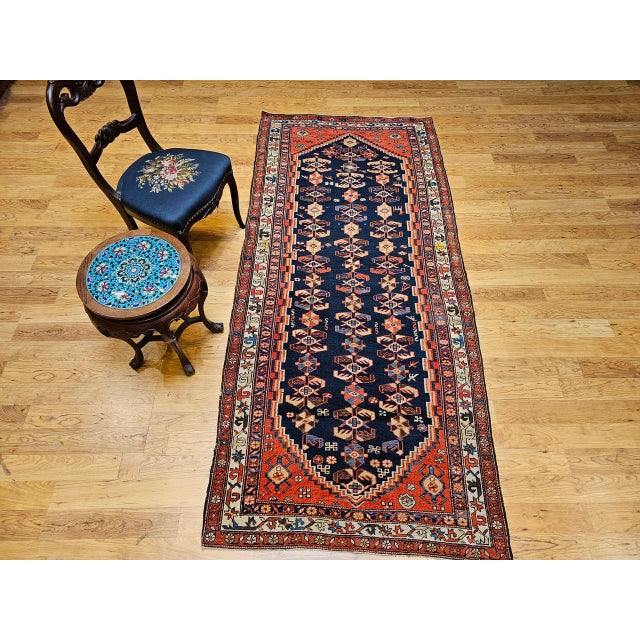 Vintage Malayer Runner Rug, Hand-Knotted Wool, Geometric Pattern, 4x9, Navy & Red For Sale - Image 4 of 12