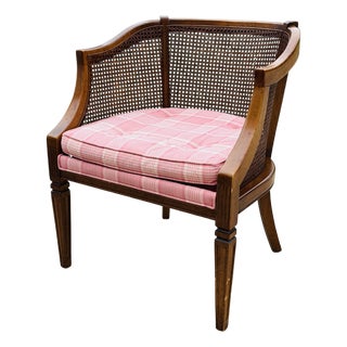 Vintage Mid-Century Modern Cane Barrel-Back Armchair | Hollywood Regency Neoclassical Revival | Tufted Pink Plaid Upholstery For Sale